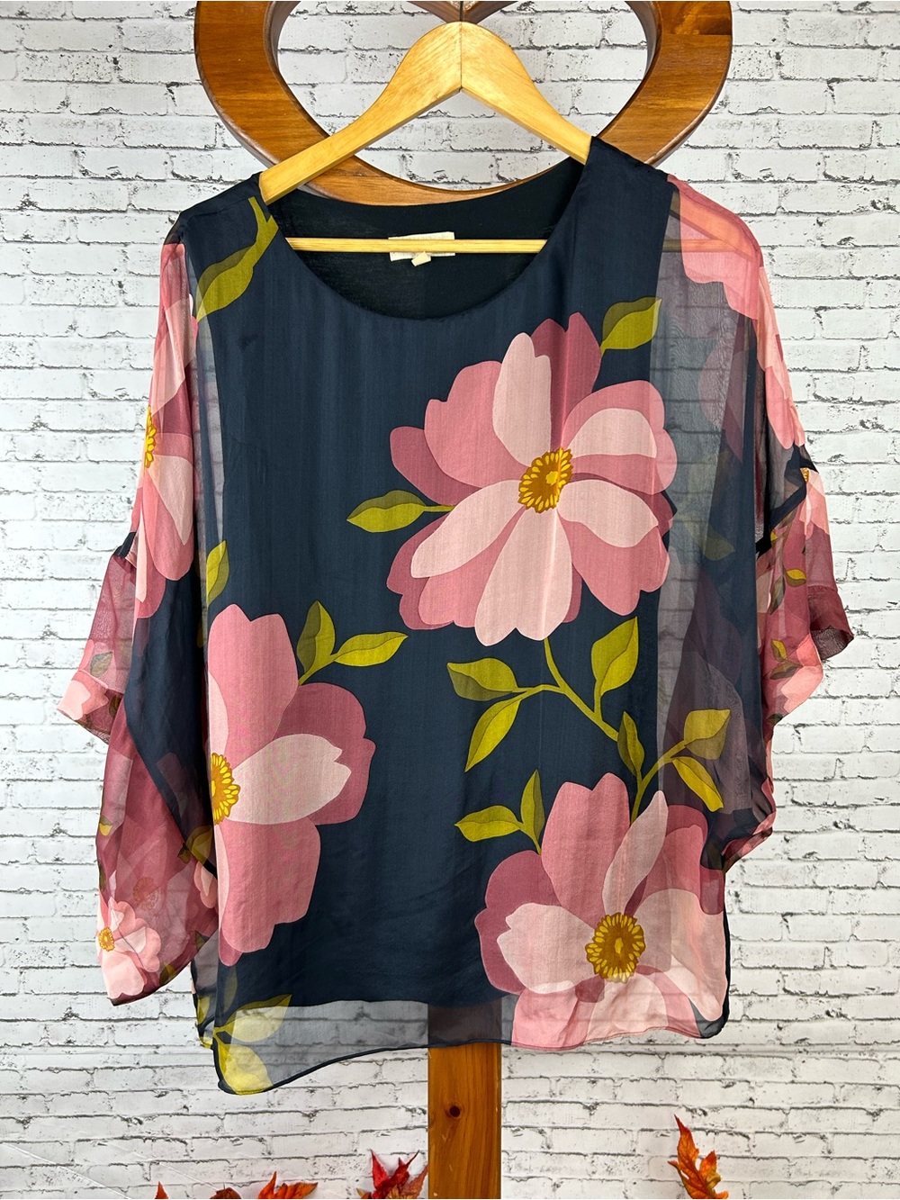 Phase eight | 100% silk Navy Sheer Floral Blouse with Pink Blooms size L